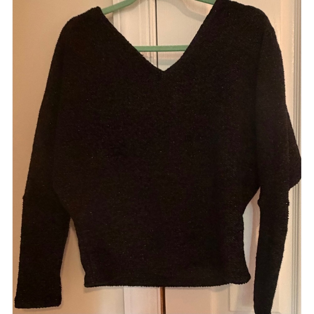 White House Black Market Chenille V-Neck Snit Sweater Black Gold Metallic S - Picture 2 of 6